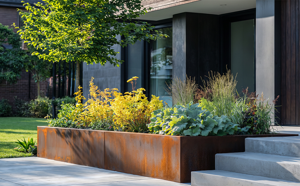 Grande jardinière paysagère en Acier Corten installée devant une maison contemporaine