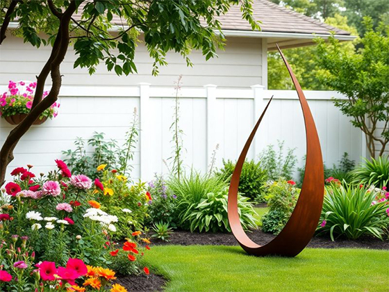 Sculpture abstraite en acier Corten installée dans un jardin fleuri au Maroc