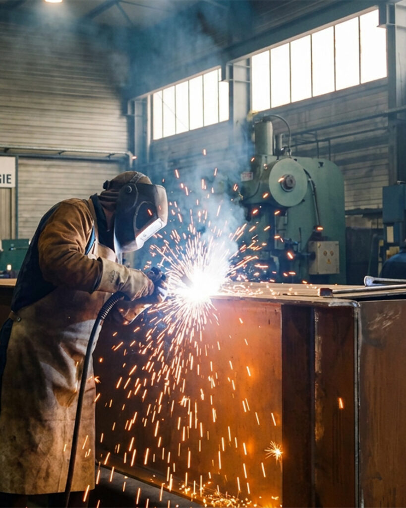 Artisan réalisant une soudure sur une structure en acier Corten au Maroc