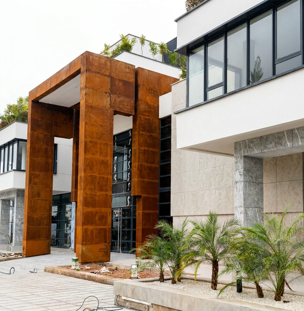 Prix acier Corten Maroc de Portique monumental en Acier Corten installé devant l’entrée vitrée d’un bâtiment contemporain