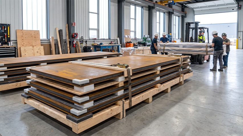 Panneaux métalliques conditionnés sur palettes dans un Atelier acier Corten avant leur chargement