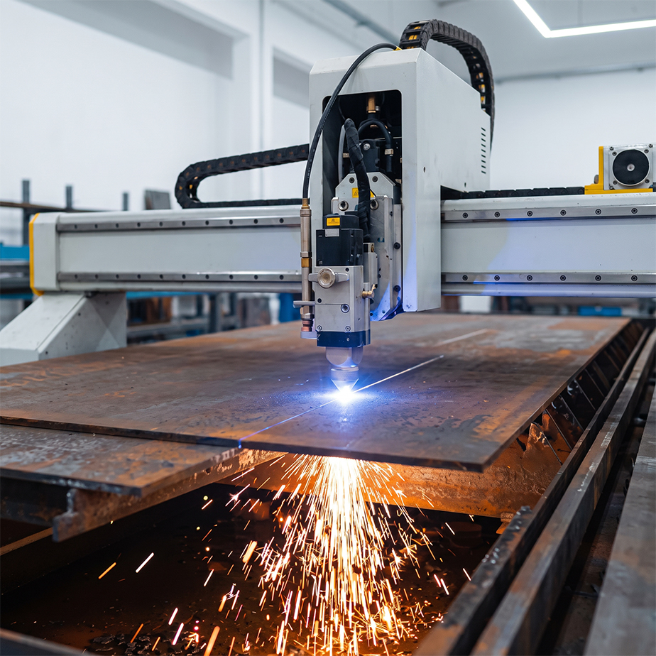Machine de découpe plasma CNC travaillant une plaque métallique dans un Atelier acier Corten