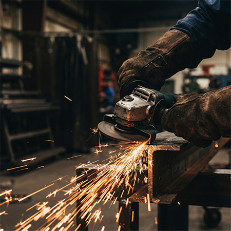 Professionnel réalisant le meulage d’une pièce métallique dans un Atelier acier Corten