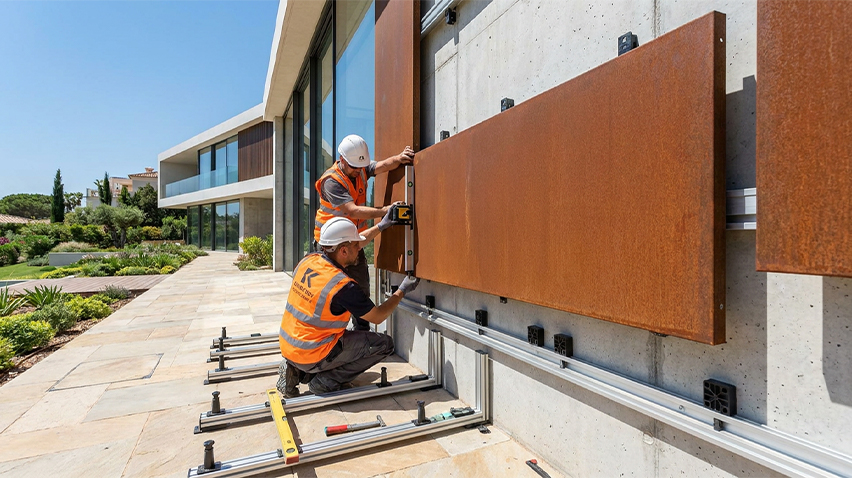 Atelier acier Corten ; pose panneaux acier Corten ; installation façade Corten ; panneaux de façade Corten ; habillage façade acier Corten ; bardage acier Corten ; fixation panneaux Corten ; système de fixation métallique ; ossature métallique façade ; installation bardage métallique ; pose sur chantier ; panneau Corten sur mesure ; façade contemporaine Corten ; revêtement extérieur métallique ; acier auto-patinable ; patine naturelle acier Corten ; atelier Corten Maroc ; fabrication acier Corten ; fabricant Corten Maroc ; fabrication métallique Maroc ; découpe acier Corten ; pliage acier Corten ; soudure acier Corten ; assemblage panneaux métalliques ; fixation invisible façade ; alignement panneaux Corten ; contrôle dimensionnel chantier ; métallerie architecturale Maroc ; ouvrage métallique sur mesure ; façade pour villa ; façade pour hôtel ; façade pour bureaux ; façade pour résidence ; architecture contemporaine Maroc ; Corten extérieur Maroc ; cortenmaroc.com