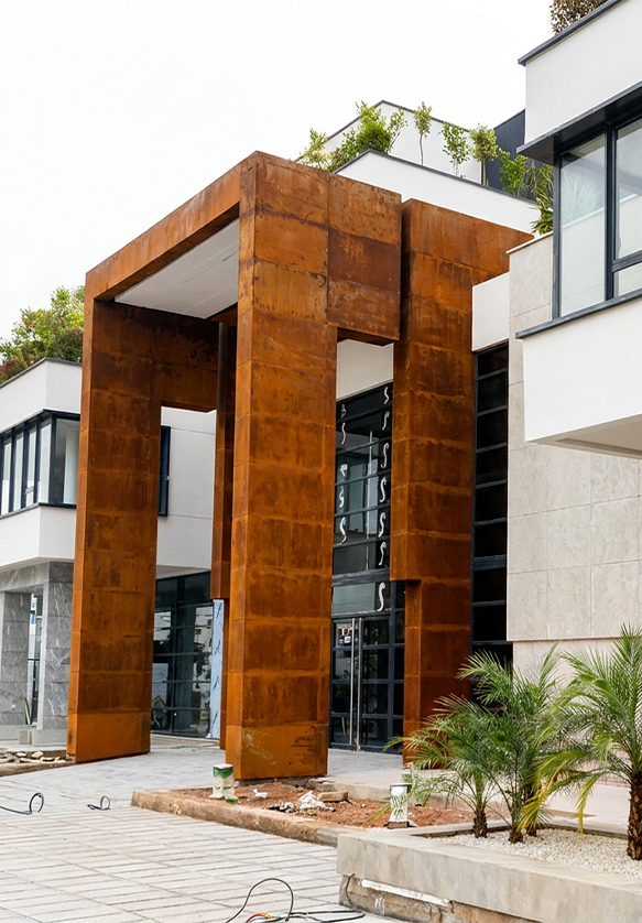 Fabrication acier Corten Maroc d’une entrée monumentale habillée de grandes structures métalliques patinées