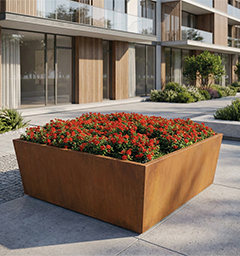 Jardinière carrée fleurie réalisée dans le cadre d’une Fabrication Corten sur mesure