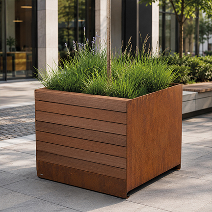 Fabrication Corten sur mesure d’une jardinière carrée avec habillage en bois pour un aménagement extérieur contemporain