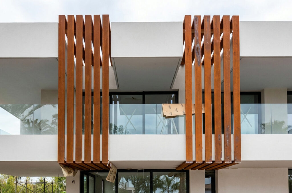 Lames verticales en acier Corten réalisées dans le cadre d’une Fabrication Corten sur mesure pour une façade contemporaine