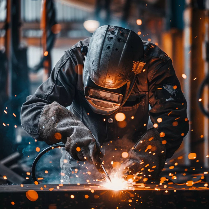 Soudeur réalisant un assemblage métallique dans le cadre d’une Fabrication Corten sur mesure