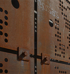 Détail d’un système de fixation métallique pour panneaux perforés dans un projet de Fabrication Corten sur mesure